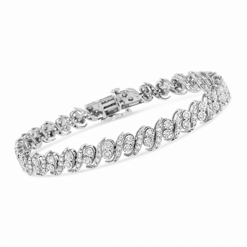 .925 Sterling Silver 2 Carat Total Weight Round-Cut Diamond "S" Link Karat Bracelet