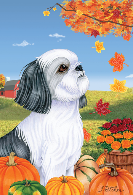 Shih Tzu Grey- Tomoyo Pitcher Autumn Leaves Outdoor Flag