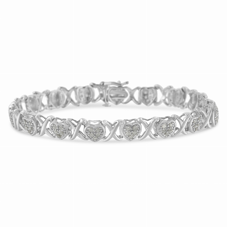 Sterling Silver 1carat Rose Cut Diamond Heart and X-Link Tennis Bracelet