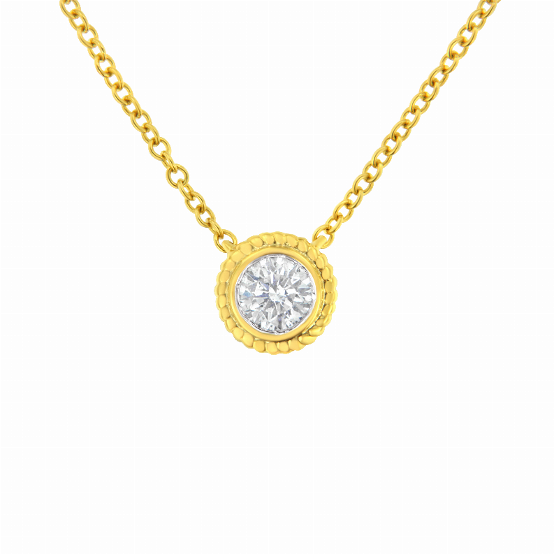 10k Yellow Gold 1/4 Carat Total Weight Bezel-Set Round-Cut Diamond Solitaire Milgrain 18" Pendant Necklace