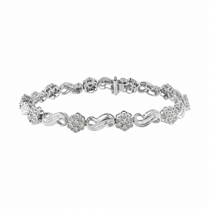 .925 Sterling Silver 1.0 Carat Total Weight Miracle and Channel Set Diamond Floral Cluster and Link Bracelet  - 7.25"