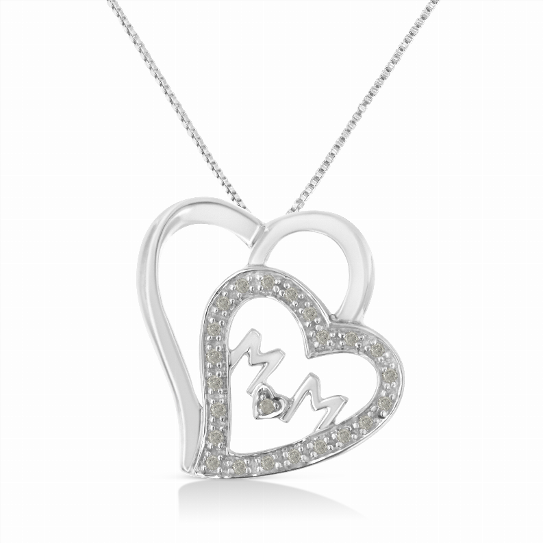 .925 Sterling Silver 1/10 Carat Total Weight Diamond Double Heart and Mom 18" Pendant Necklace