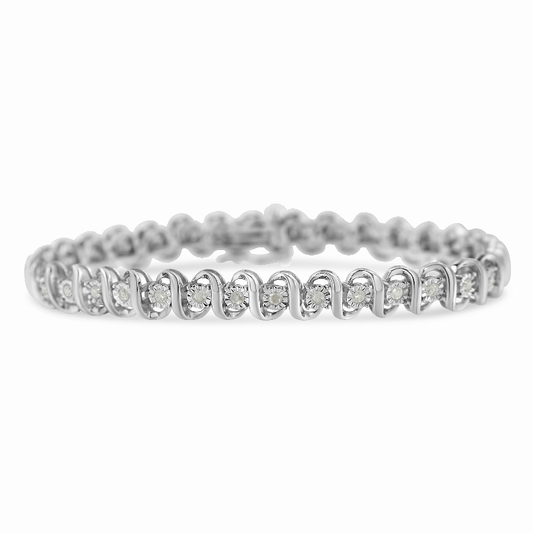 .925 Sterling Silver 1.0 Carat Total Weight Miracle-Set Round Diamond S-Link Tennis Bracelet  -7"