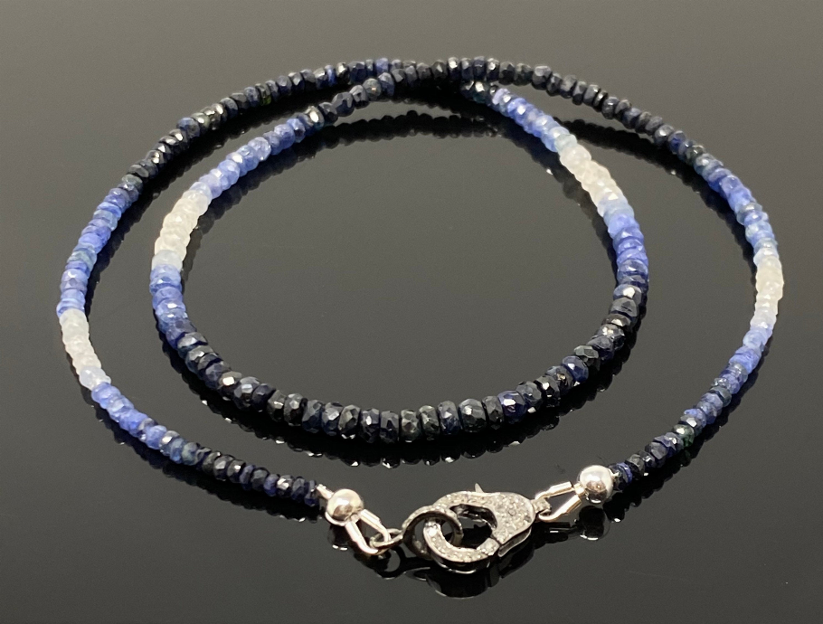 17.5" Genuine Shaded Blue Sapphire Necklace with Pave Diamond Clasp, Natural Sapphire Necklace , 3mm- 4mm , AAA Grade