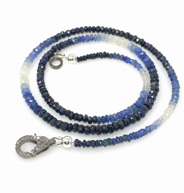 17.5" Genuine Shaded Blue Sapphire Necklace with Pave Diamond Clasp, Natural Sapphire Necklace , 3mm- 4mm , AAA Grade