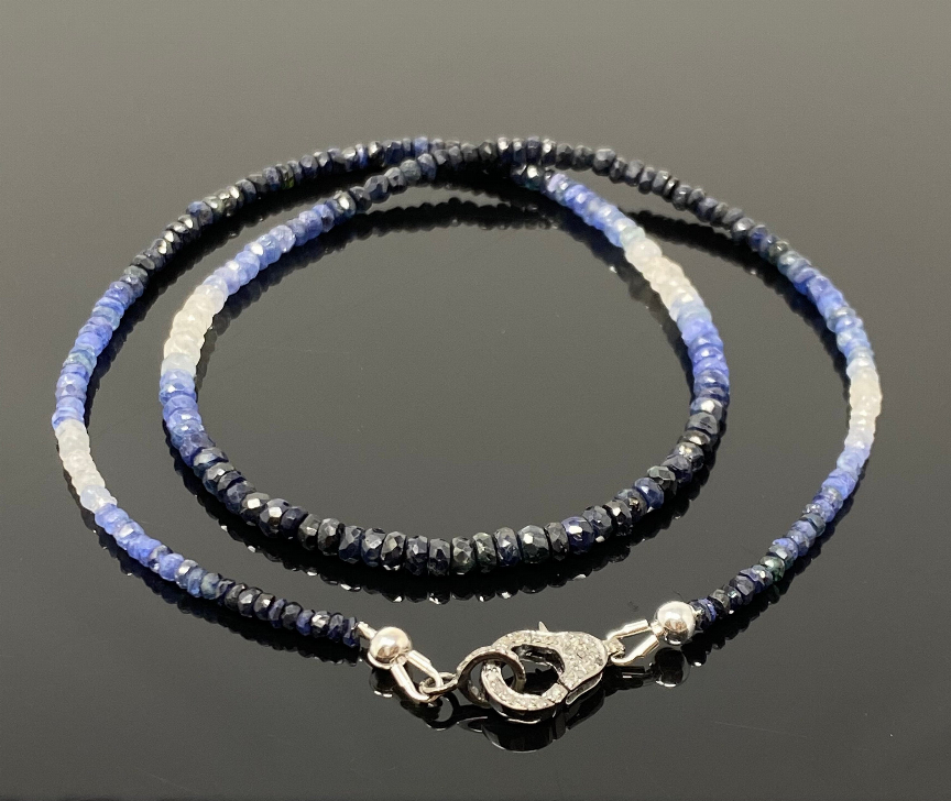 17.5" Genuine Shaded Blue Sapphire Necklace with Pave Diamond Clasp, Natural Sapphire Necklace , 3mm- 4mm , AAA Grade