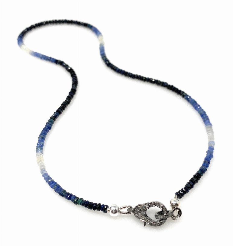 17.5" Genuine Shaded Blue Sapphire Necklace with Pave Diamond Clasp, Natural Sapphire Necklace , 3mm- 4mm , AAA Grade