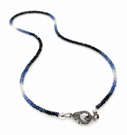 17.5" Genuine Shaded Blue Sapphire Necklace with Pave Diamond Clasp, Natural Sapphire Necklace , 3mm- 4mm , AAA Grade