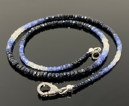 17.5" Genuine Shaded Blue Sapphire Necklace with Pave Diamond Clasp, Natural Sapphire Necklace , 3mm- 4mm , AAA Grade