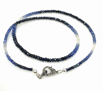 17.5" Genuine Shaded Blue Sapphire Necklace with Pave Diamond Clasp, Natural Sapphire Necklace , 3mm- 4mm , AAA Grade