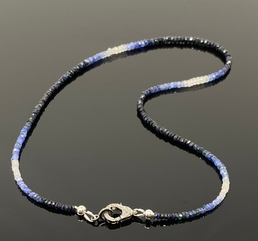 17.5" Genuine Shaded Blue Sapphire Necklace with Pave Diamond Clasp, Natural Sapphire Necklace , 3mm- 4mm , AAA Grade