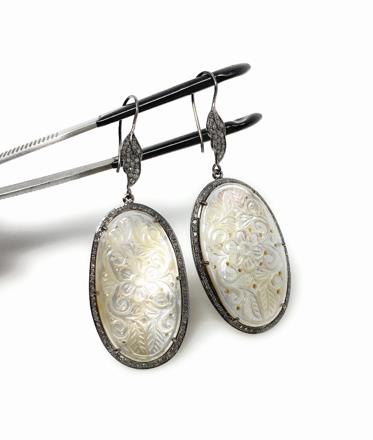 Mother of Pearl Pave Diamond Earrings, Natural Gemstone Nacre Earrings, Sterling Silver Jewelry Gifts for Her, 2.85"x1"