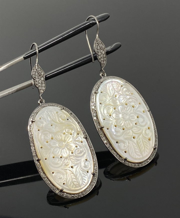 Mother of Pearl Pave Diamond Earrings, Natural Gemstone Nacre Earrings, Sterling Silver Jewelry Gifts for Her, 2.85"x1"