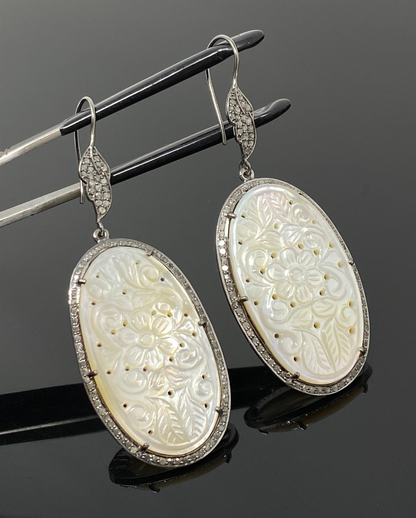 Mother of Pearl Pave Diamond Earrings, Natural Gemstone Nacre Earrings, Sterling Silver Jewelry Gifts for Her, 2.85"x1"