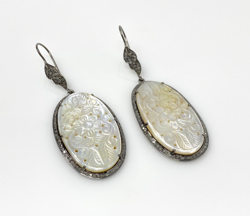 Mother of Pearl Pave Diamond Earrings, Natural Gemstone Nacre Earrings, Sterling Silver Jewelry Gifts for Her, 2.85"x1"