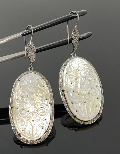 Mother of Pearl Pave Diamond Earrings, Natural Gemstone Nacre Earrings, Sterling Silver Jewelry Gifts for Her, 2.85"x1"