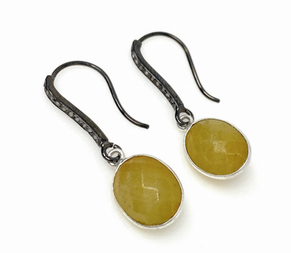 Yellow Sapphire Earrings, Pave Diamond Earrings, Sterling Silver Gemstone Earrings, Gifts for Her