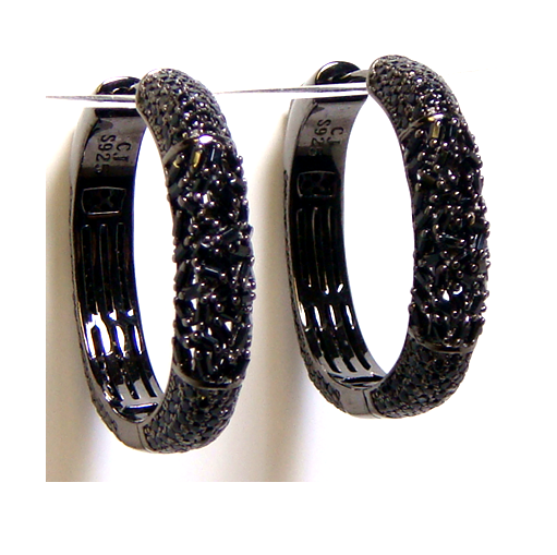 Simulated Black Diamond Square Pave Cz Hoop Earrings, All Around, 925 Sterling Silver, Black Gold