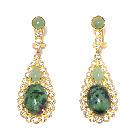 Ruby Zosite, New Jade Drop Earrings, 925 Sterling Silver, Yellow Gold