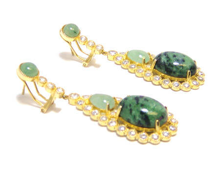 Ruby Zosite, New Jade Drop Earrings, 925 Sterling Silver, Yellow Gold