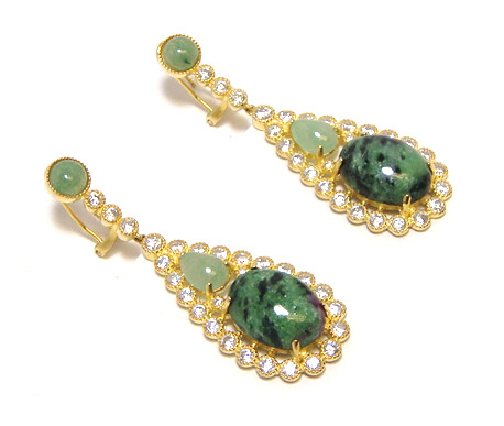 Ruby Zosite, New Jade Drop Earrings, 925 Sterling Silver, Yellow Gold