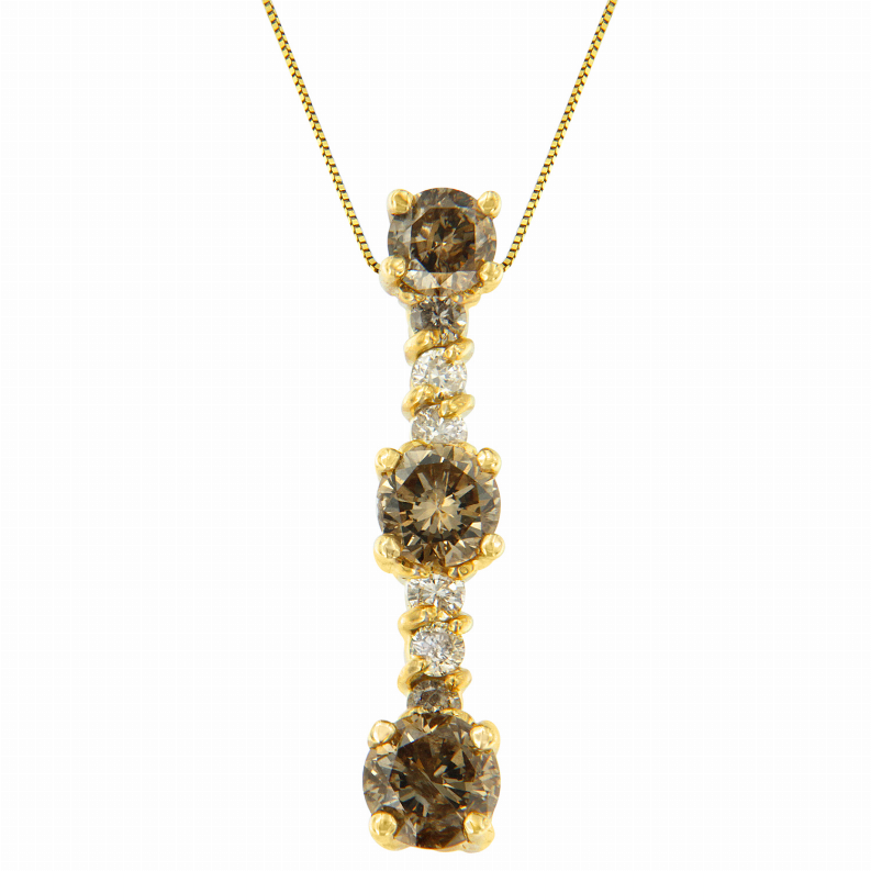 14 Karat Yellow Gold 1 Carat Total Diamond Weight White and Champagne Round Cut Diamond Drop Pendant Necklace