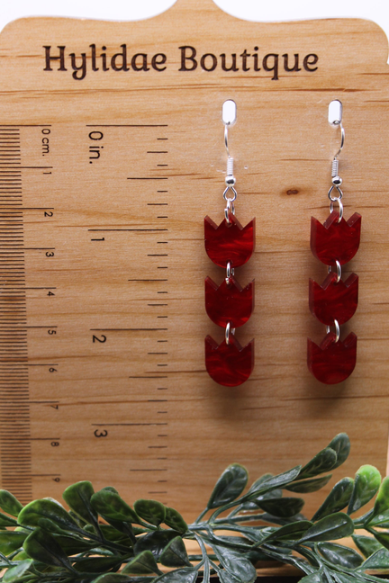 Red Pearl Tulip Flower Trio Dangle Earrings