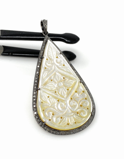 Mother of Pearl Pave Diamond Pendant, Natural Gemstone Pendant, Nacre Pendant, Sterling Silver Jewelry Gifts for Her, 2.5"x1.25"