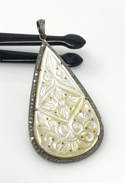 Mother of Pearl Pave Diamond Pendant, Natural Gemstone Pendant, Nacre Pendant, Sterling Silver Jewelry Gifts for Her, 2.5"x1.25"