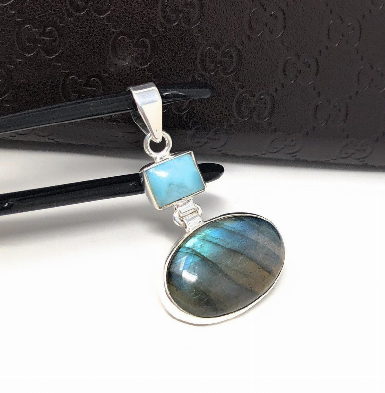 Labradorite Pendant, Larimar Pendant, Gemstone Pendant, Gemstone Jewelry, Sterling Silver Pendant, Bohemian Jewelry,  Pendant