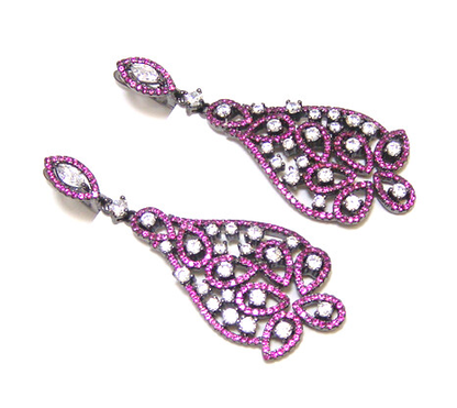 Simulated Diamond Ruby Dangle Earrings, , 925 Sterling Silver, Black Gold