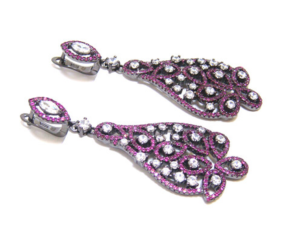 Simulated Diamond Ruby Dangle Earrings, , 925 Sterling Silver, Black Gold