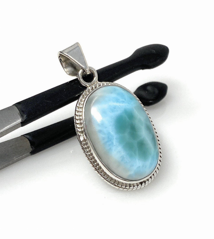 Natural Larimar Gemstone Pendant, Bohemian Jewelry, Sterling Silver Pendant, Gifts for Her, 1.65" x 0.80"