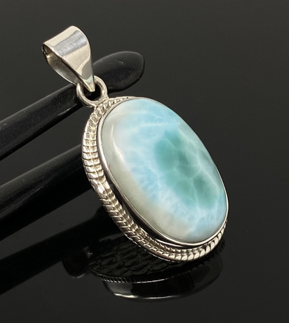 Natural Larimar Gemstone Pendant, Bohemian Jewelry, Sterling Silver Pendant, Gifts for Her, 1.65" x 0.80"