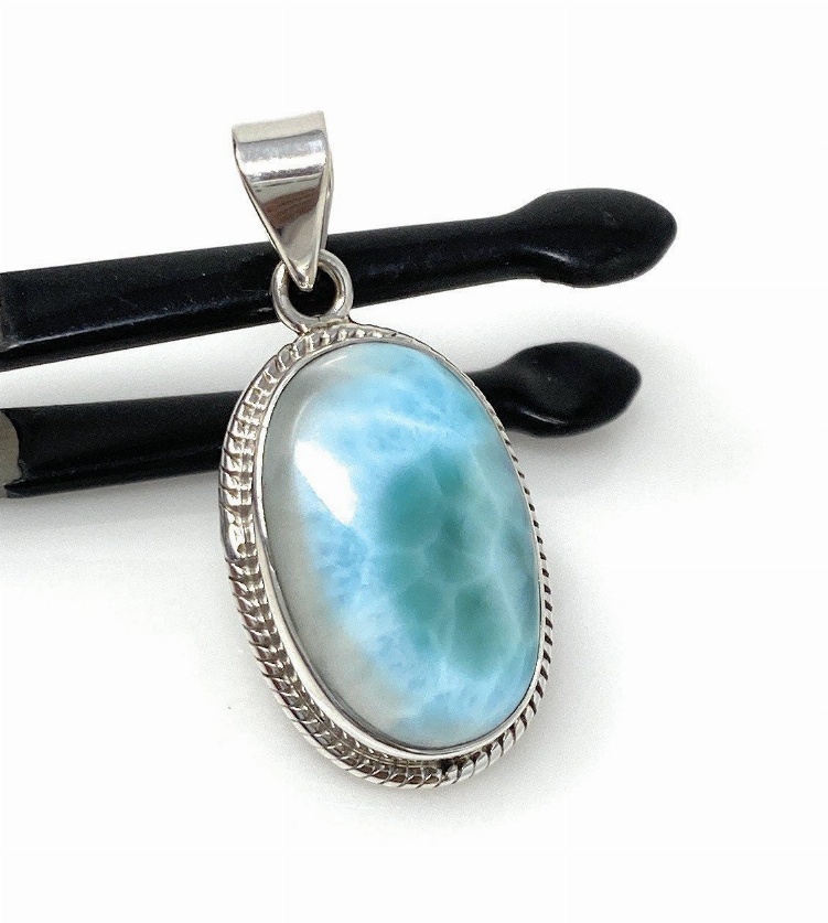 Natural Larimar Gemstone Pendant, Bohemian Jewelry, Sterling Silver Pendant, Gifts for Her, 1.65" x 0.80"