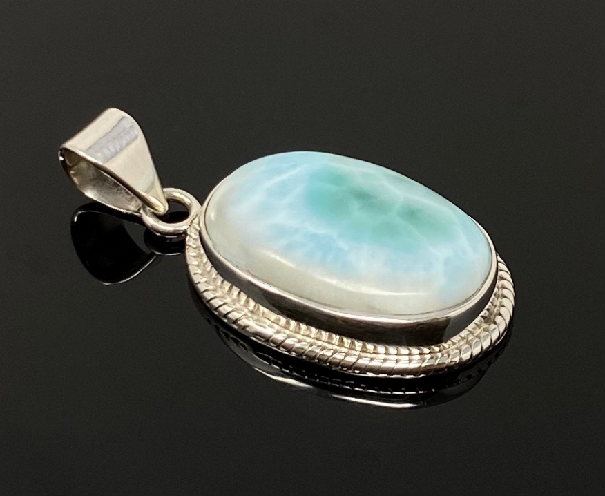 Natural Larimar Gemstone Pendant, Bohemian Jewelry, Sterling Silver Pendant, Gifts for Her, 1.65" x 0.80"