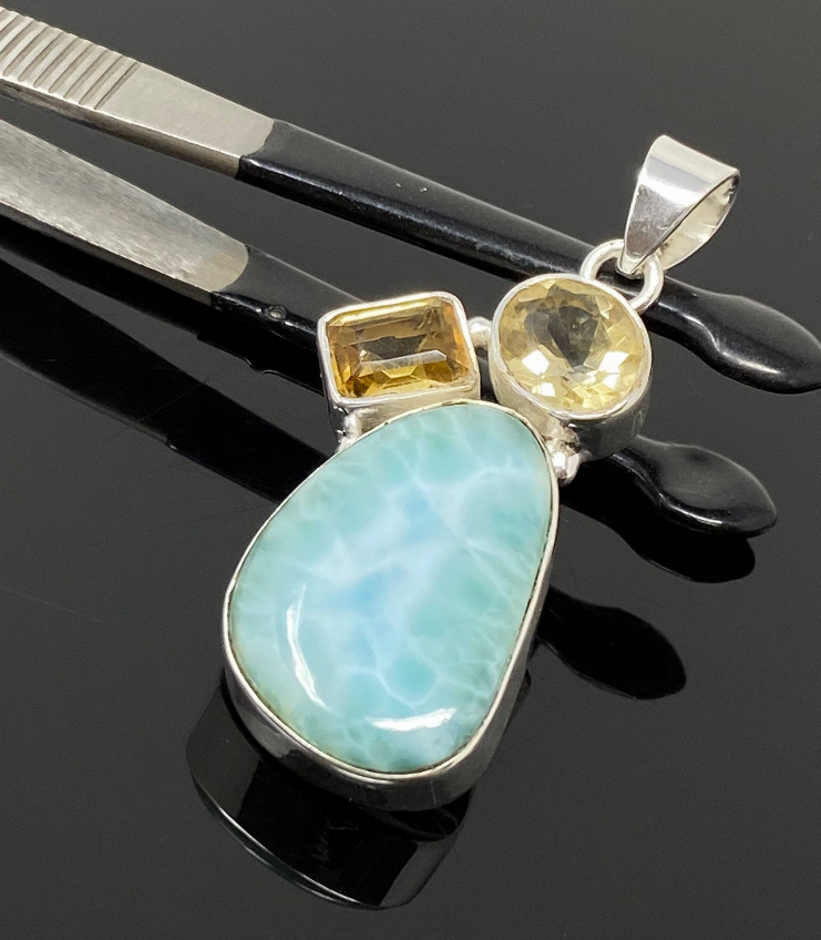 Gemstone Pendant - Larimar, Citrine and Yellow Topaz, Bohemian Jewelry, Larimar Pendant, Sterling Silver Jewelry