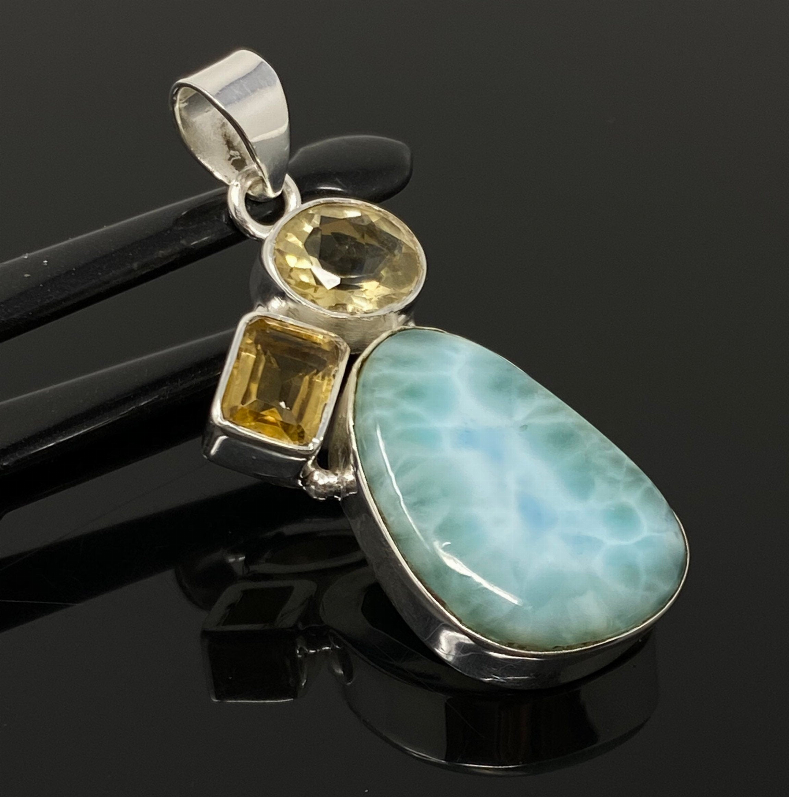 Gemstone Pendant - Larimar, Citrine and Yellow Topaz, Bohemian Jewelry, Larimar Pendant, Sterling Silver Jewelry