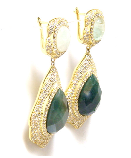 Moss Agate & New Jade Drop Dangle Earrings, 925 Sterling Silver, Yellow Gold