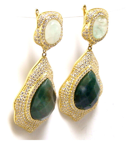 Moss Agate & New Jade Drop Dangle Earrings, 925 Sterling Silver, Yellow Gold