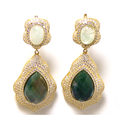 Moss Agate & New Jade Drop Dangle Earrings, 925 Sterling Silver, Yellow Gold