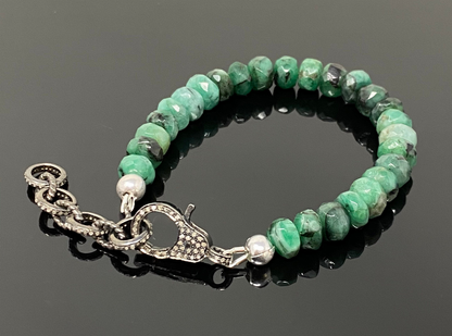 Natural Emerald Gemstone Bracelet, Pave Diamond Adjustable Bracelet, Emerald Jewelry, May Birthstone