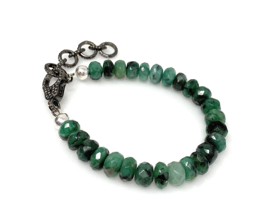 Natural Emerald Gemstone Bracelet, Pave Diamond Adjustable Bracelet, Emerald Jewelry, May Birthstone