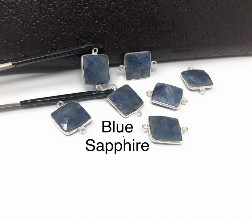 6 Piece Natural Sapphire Gemstone Connectors, Bulk Jewelry Supplies Sterling Silver Jewelry Findings, 20x14mm - 22x15mm