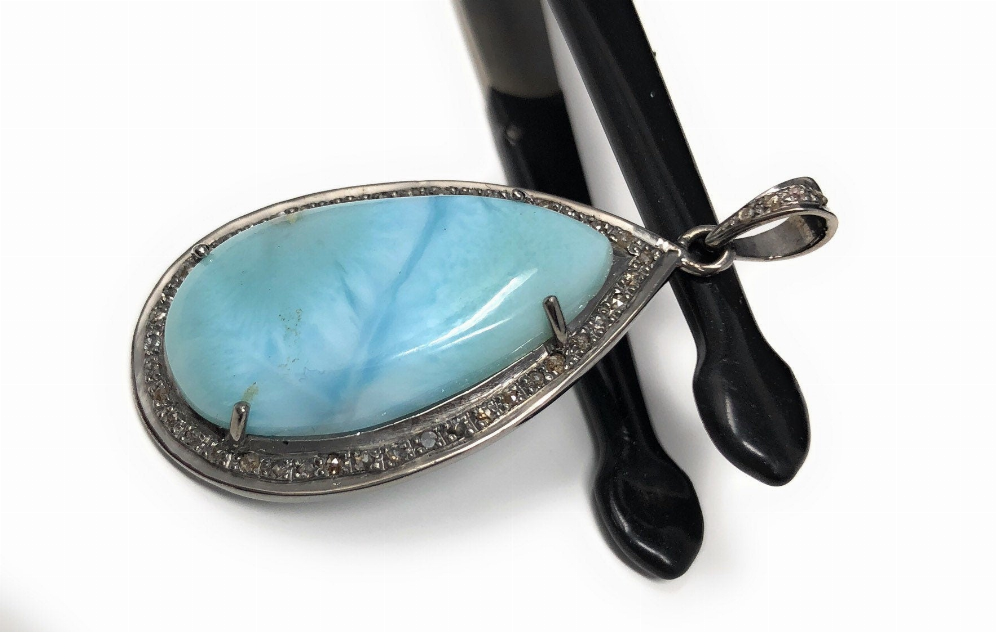 Larimar Pendant, Gemstone Pendant, Sterling Silver Diamond Pendant, Natural Larimar Diamond Pendant, Pave Diamond Pendant, Gemstone Jewelry