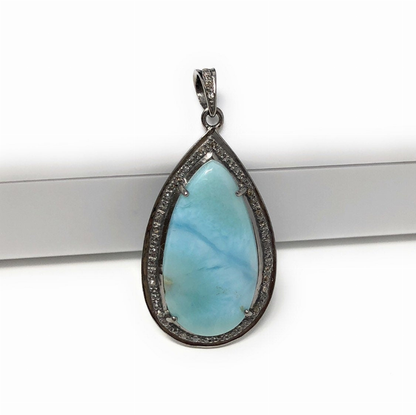 Larimar Pendant, Gemstone Pendant, Sterling Silver Diamond Pendant, Natural Larimar Diamond Pendant, Pave Diamond Pendant, Gemstone Jewelry