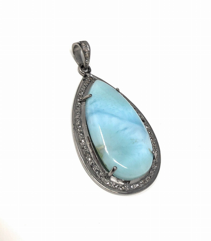 Larimar Pendant, Gemstone Pendant, Sterling Silver Diamond Pendant, Natural Larimar Diamond Pendant, Pave Diamond Pendant, Gemstone Jewelry