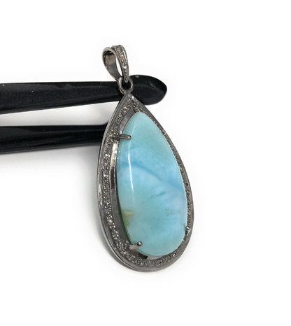 Larimar Pendant, Gemstone Pendant, Sterling Silver Diamond Pendant, Natural Larimar Diamond Pendant, Pave Diamond Pendant, Gemstone Jewelry