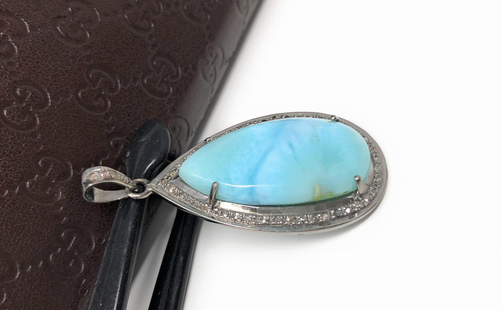 Larimar Pendant, Gemstone Pendant, Sterling Silver Diamond Pendant, Natural Larimar Diamond Pendant, Pave Diamond Pendant, Gemstone Jewelry