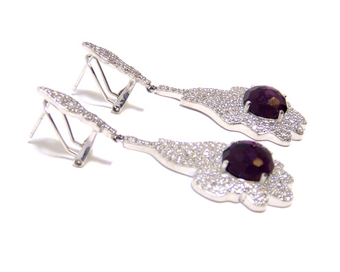 Simulated Amethyst And Diamond Drop Earrings, 925 Sterling Silver, Platinum Plate